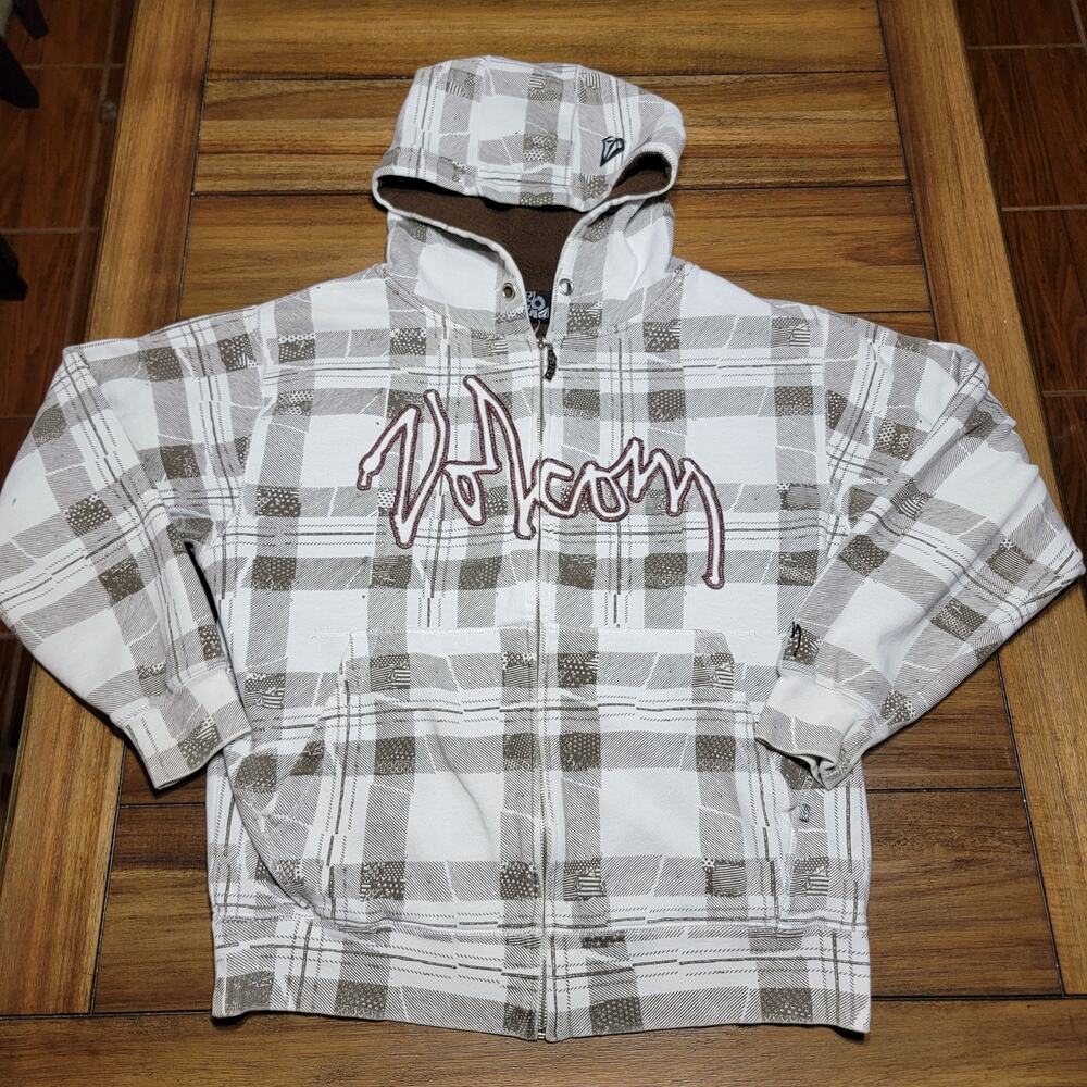 Volcom Full Zip White & Brown Plaid Hooded Unisex Heavyweight Jacket -Size Small